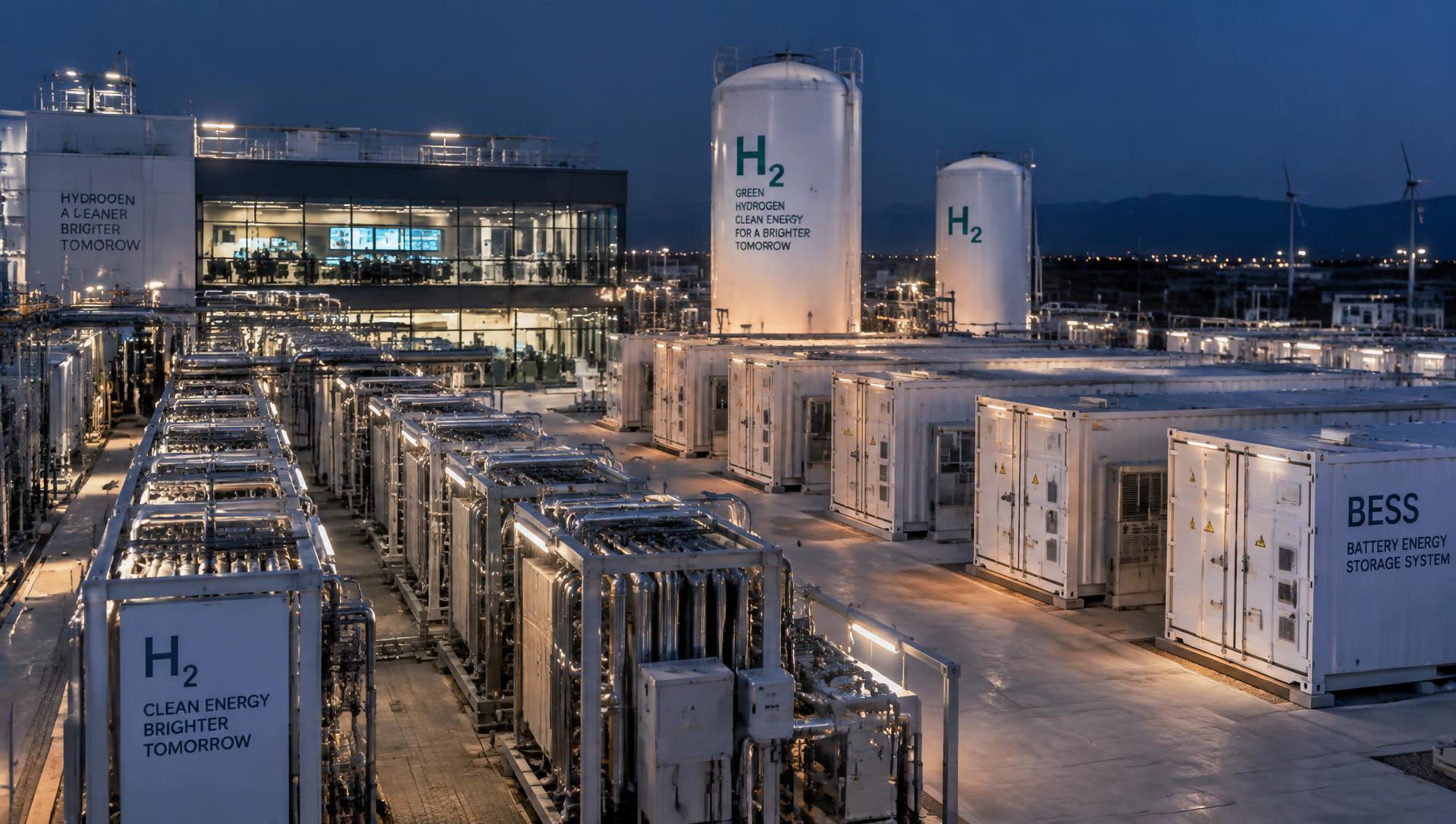 Green hydrogen electrolyzers and BESS containers at night
