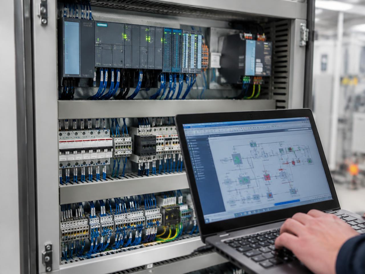 PLC control panel with SCADA on laptop